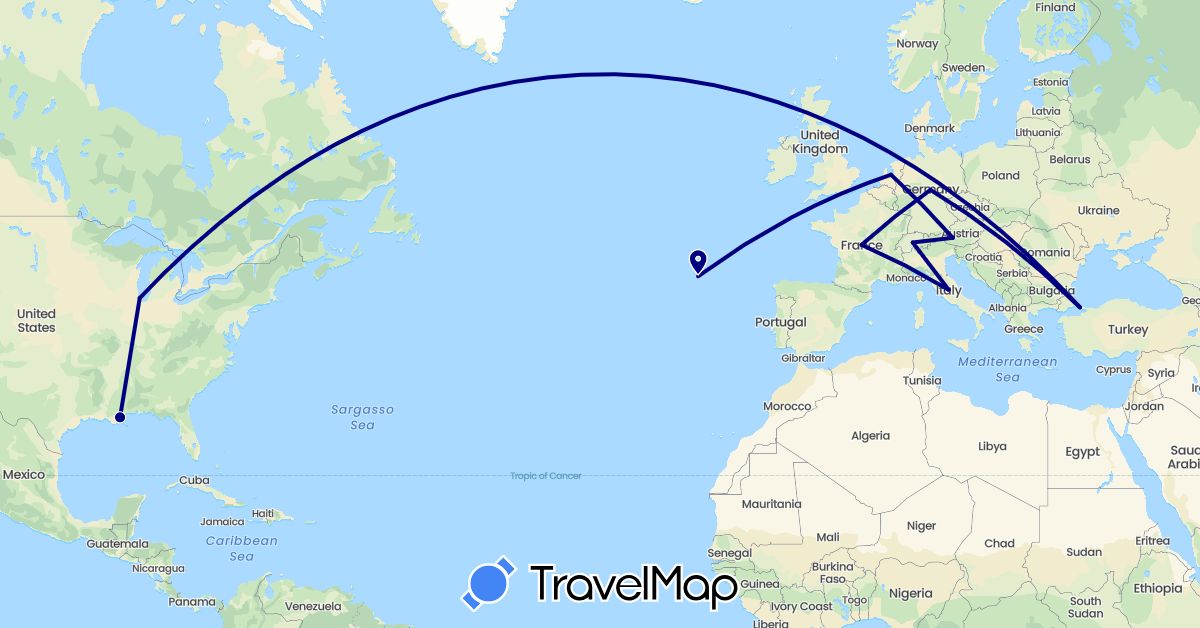 TravelMap itinerary: driving in Austria, Switzerland, Germany, France, Italy, Netherlands, Turkey, United States (Asia, Europe, North America)